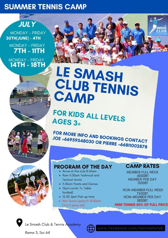 THAÏLANDE – LOISIRS : Le Smash Club lance ses stages de tennis pour les vacances d’été à Bangkok