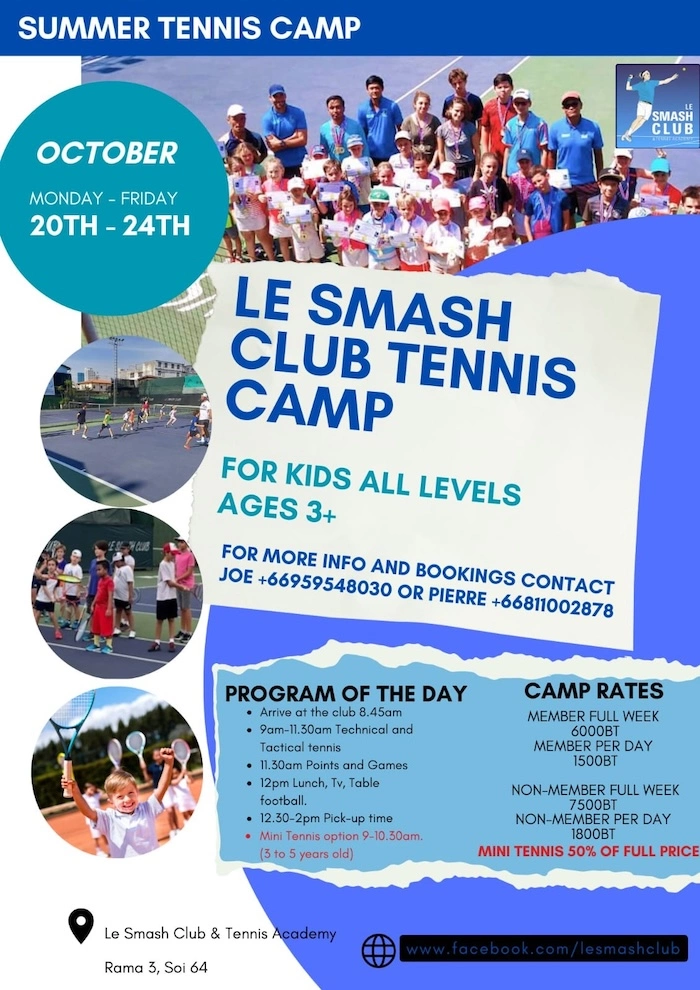 BANGKOK – COMMUNAUTÉ : Le Smash Club annonce son camp de tennis d’automne pour enfants