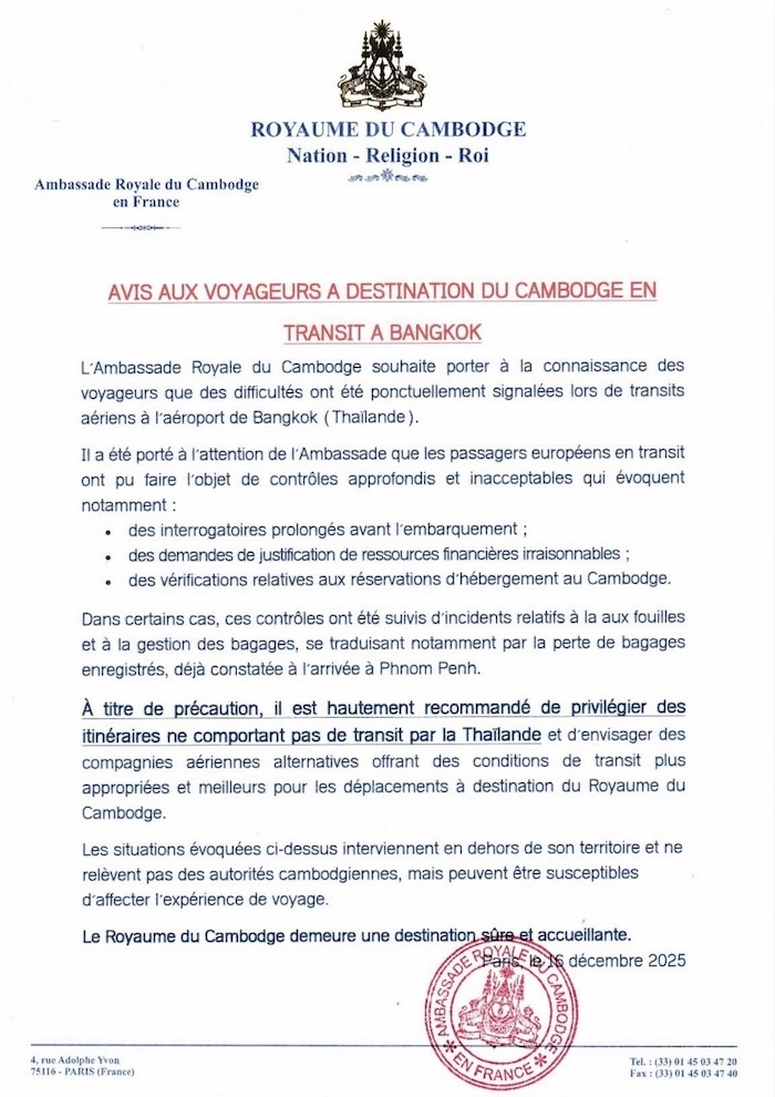 CAMBODGE – THAÏLANDE : L’ambassade du Cambodge en France met en garde contre certains transits par Bangkok