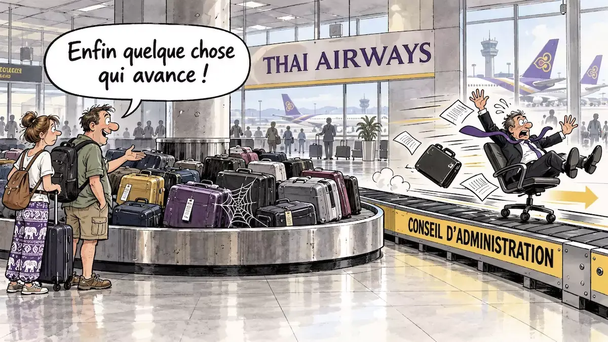 THAÏLANDE – DESSIN DE LA SEMAINE : Chez Thai Airways, le siège voyage plus vite que les valises