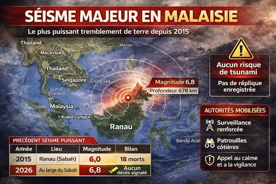 MALAISIE – SÉISME : Secousse de magnitude 6,8 au large de Sabah