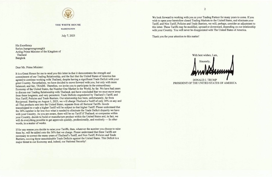 THAÏLANDE – ÉCONOMIE : Découvrez la lettre de Donald Trump à S.M. Rama X